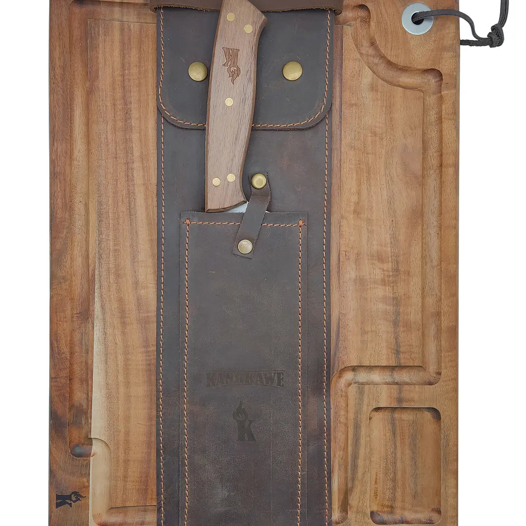 Set Parrillero Tabla + Cuchillo Con Funda De Cuero Café