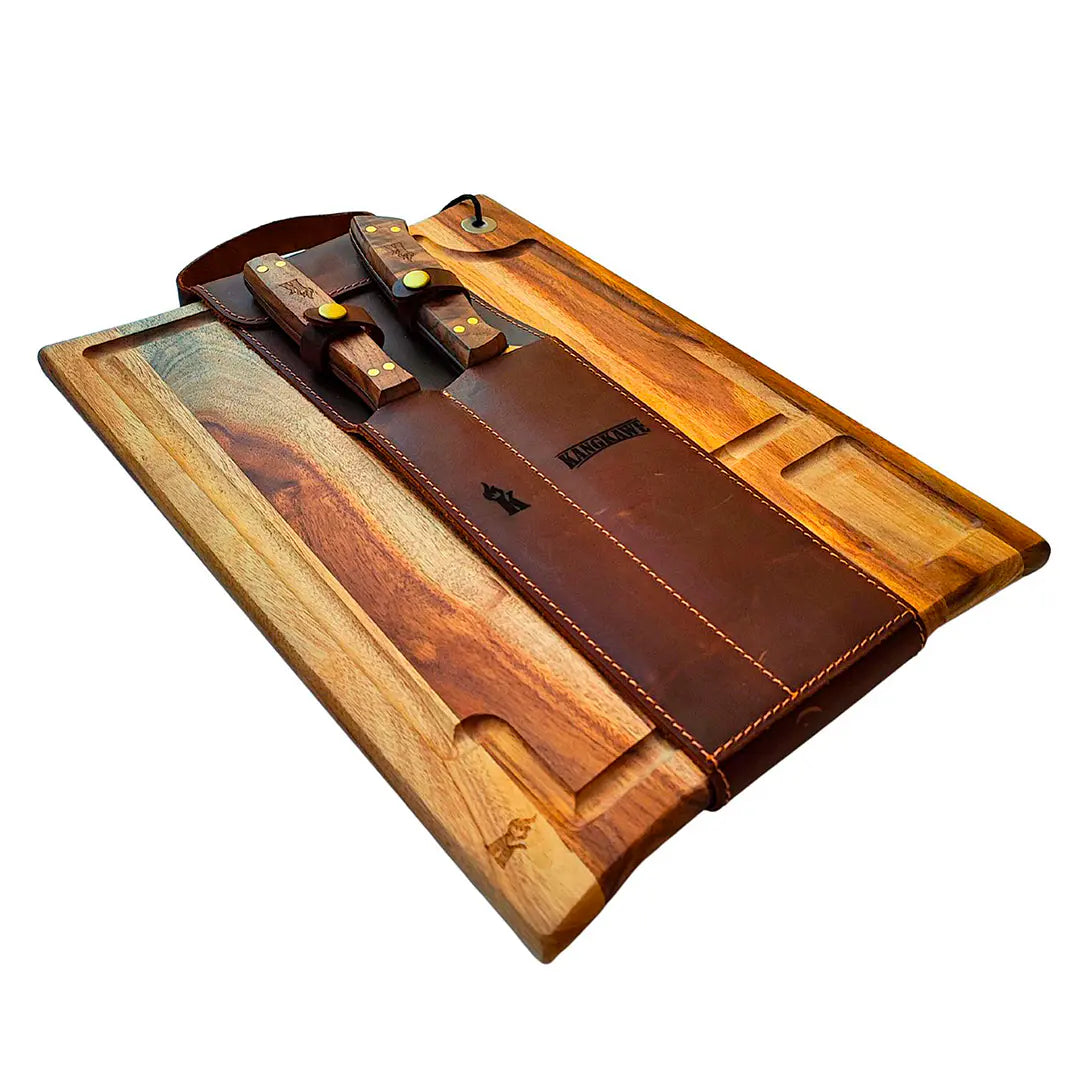 Set Parrillero Tabla Cuchillo + Pincho Con Funda De Cuero Café