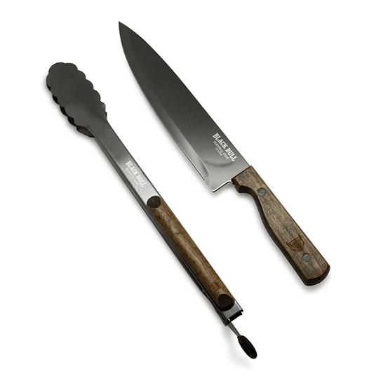 Set Cuchillo + Pinzas Black Bull - Locos por la Parrilla