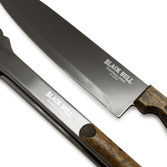 Set Cuchillo + Pinzas Black Bull - Locos por la Parrilla