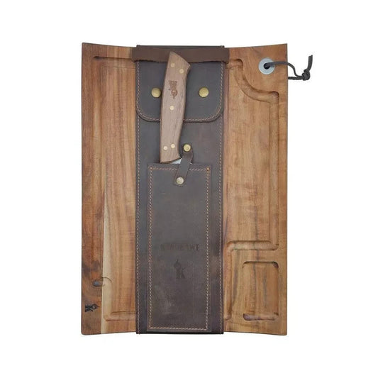 Set Parrillero Tabla + Cuchillo Con Funda De Cuero Café