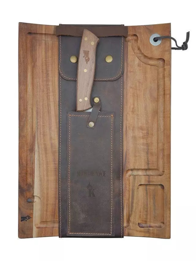 Set Parrillero Tabla + Cuchillo Con Funda De Cuero Café