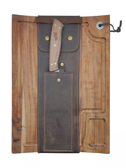Set Parrillero Tabla + Cuchillo Con Funda De Cuero Café
