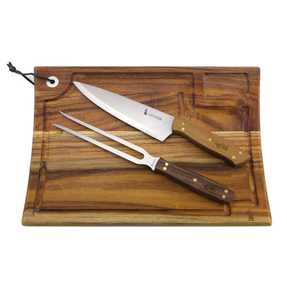 Set Parrillero Tabla Cuchillo + Pincho Con Funda De Cuero Café