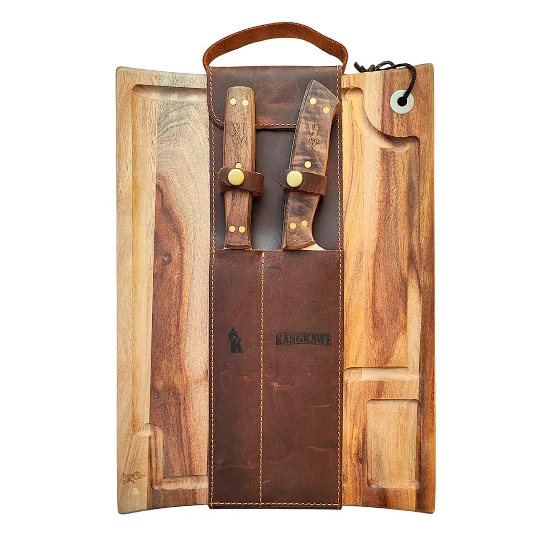 Set Parrillero Tabla Cuchillo + Pincho Con Funda De Cuero Café